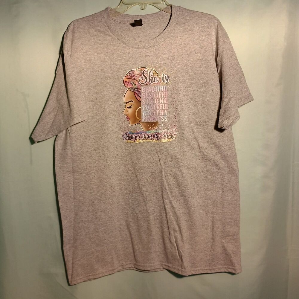 Women’s Gray Graphic T-Shirt – “She is Beautiful, Resilient, Strong, Powerful,